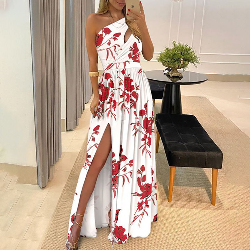 Summer an women's oblique shoulder hollow temperament, commute printing, put on a large fork dress