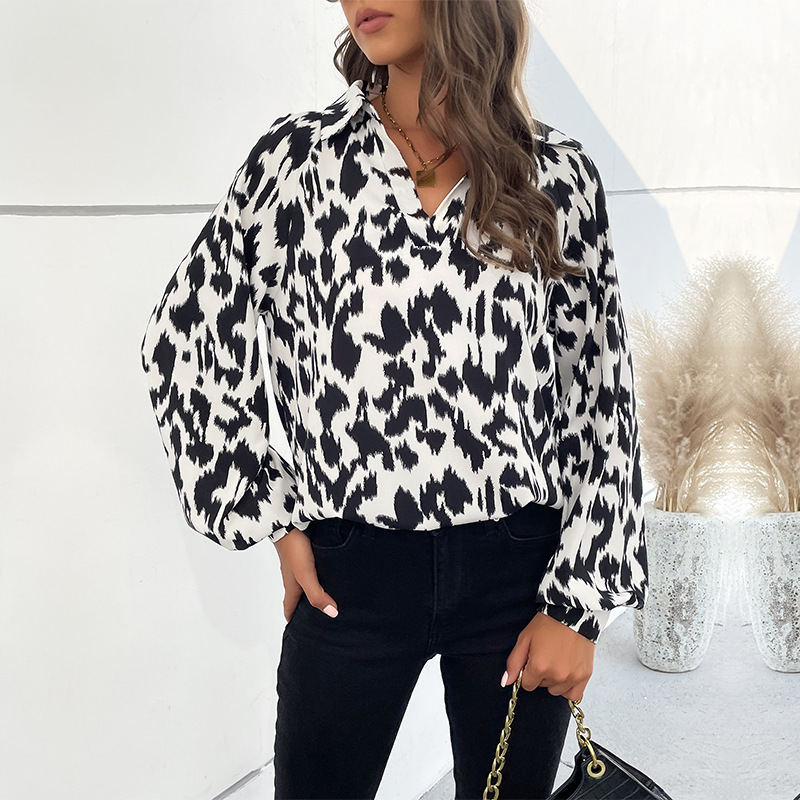 New an lapel shirt Long -sleeved leopard design sense shirt women