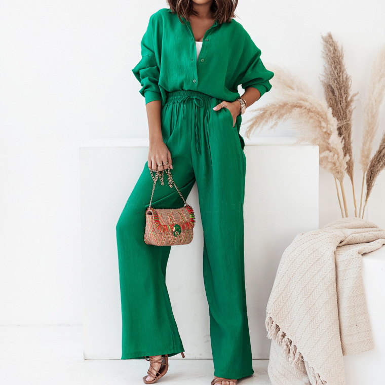 an summer new two -piece set of trendy loose shirt wide -leg long pants casual women's set