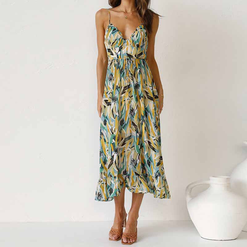's new an women's fresh printing temperament V -neck loose long sling dress 661
