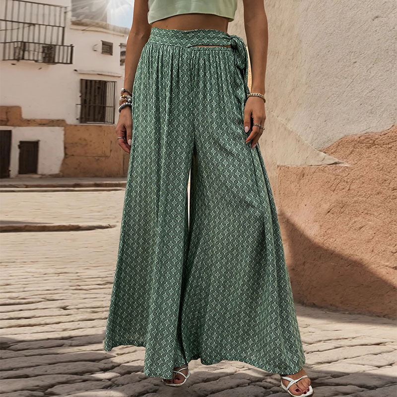Summer new loose wide -leg pants an explosion TEMU women's lace -up high -waisted casual printed trousers