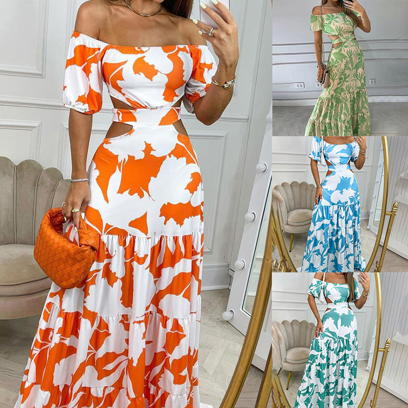 summer an new women's decorative slim printing elegant fashion bouquet waist long dress