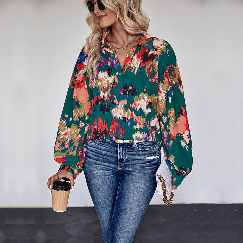 autumn new shirt casual flower shirt lapel long -sleeved shirt printed shirt
