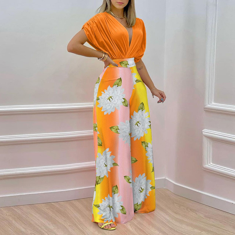 an women's clothing new printed bat sleeve top clothes wide -leg pants fashion set women