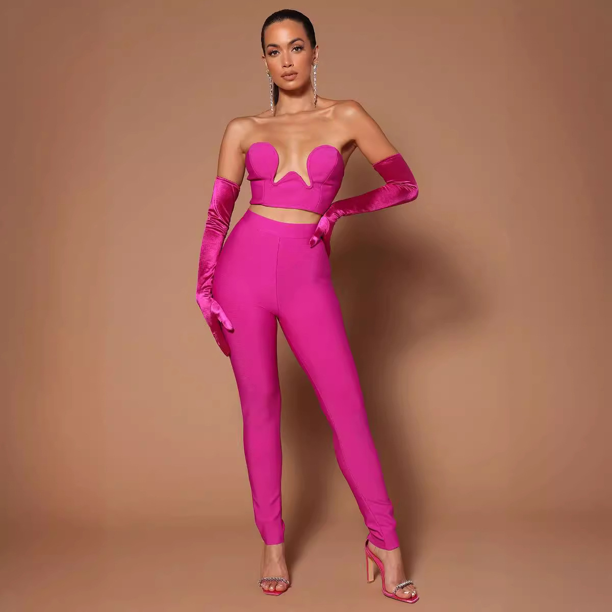 New bage pants set an fashion sexy tube top tops, high -waisted small foot pants, three pieces