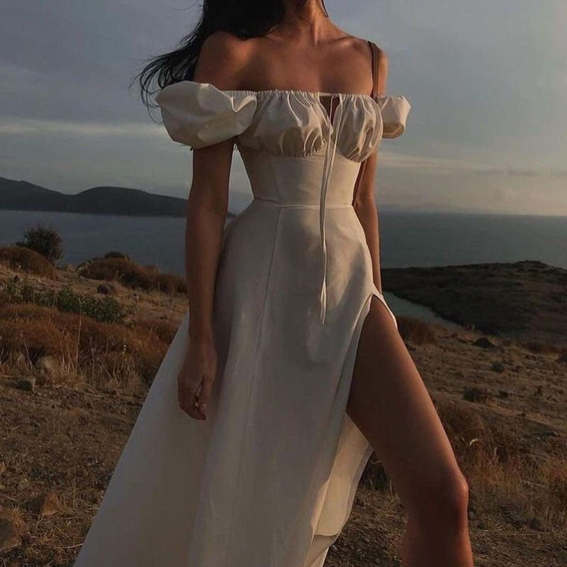 Summer Explosion an women's temperament, commute high -waisted pure color bubble sleeve dress female