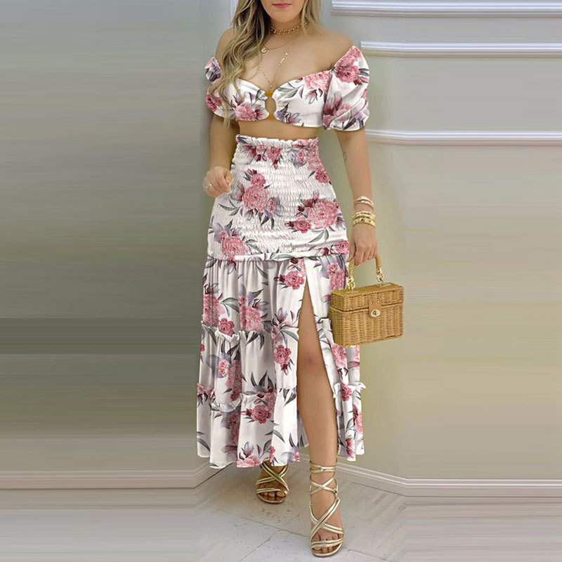 the United States 's summer new women's temperament elegant shoulder -shaped shirt print split skirt suits