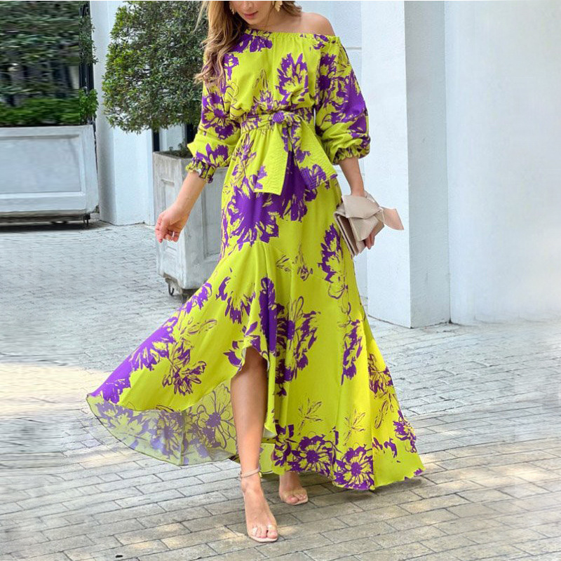 's new women's print printing shoulder sexy long -sleeved big dress elegant long dress