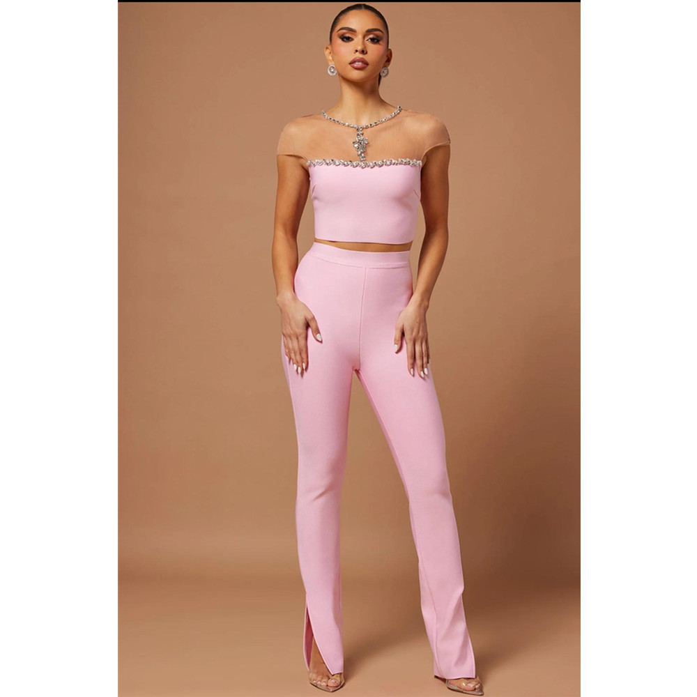 New product explosion pink bage pants set an high street rhinestone top trousers two -piece suit