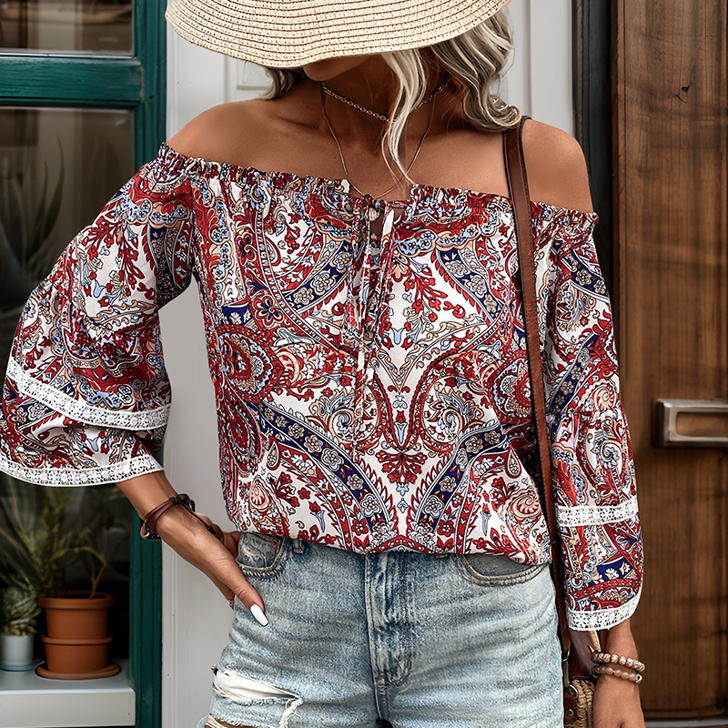 Independent station an print women's new irregular words, open -shoulder long -sleeved stitching design shirt