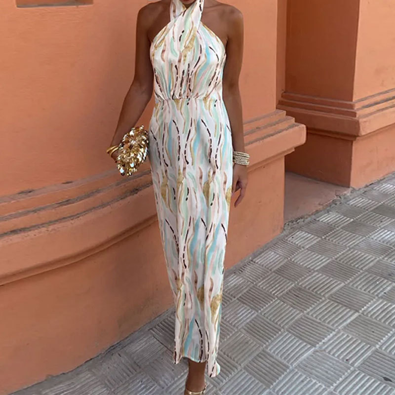 Personal Fashion Printing Tiber Sleeveless Open Back High -waist Cross -sleeveless Printing Dress