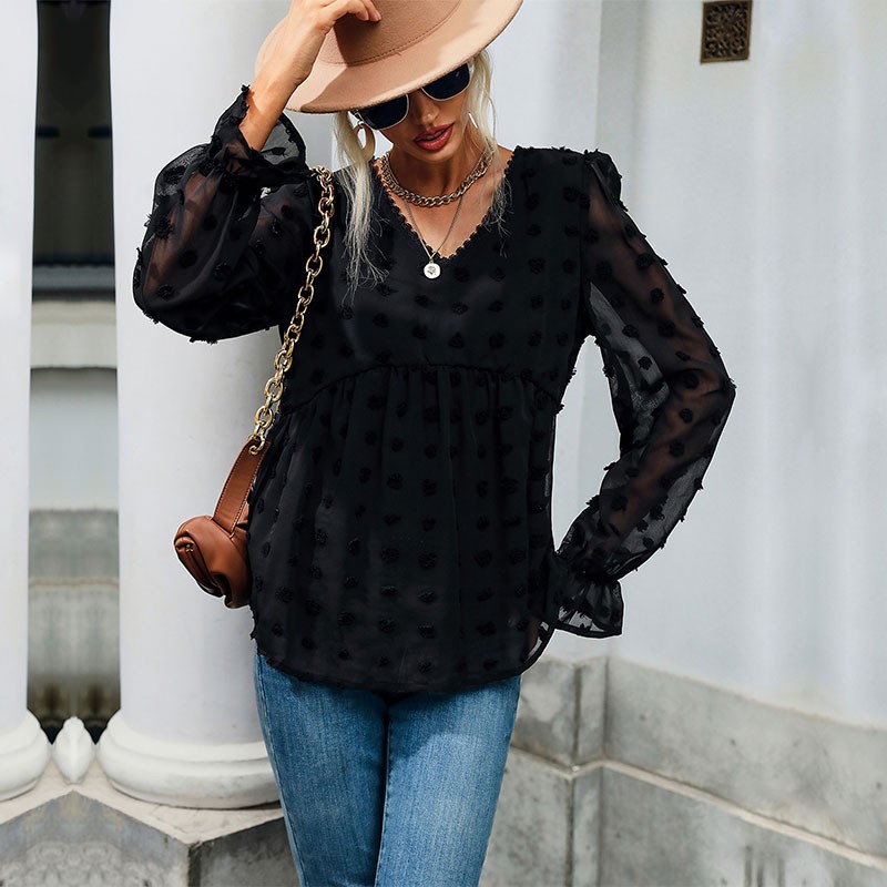 Independence Station Spring Women's Black V -neck Black Top Female Long -sleeved Gauze Perspective Shirt