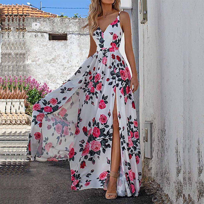 New an summer women's low -cut fashion sexy sexy print b split large dress 661