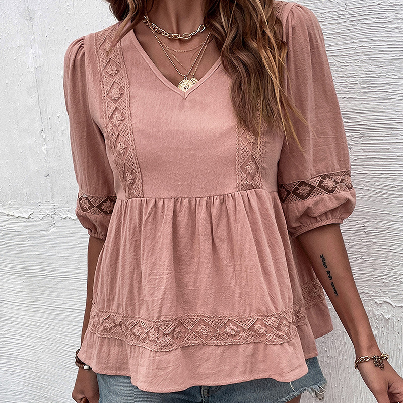 Independence Station Summer an retro stitching Top Solid Color Mid -sleeve Lame V -neck shirt
