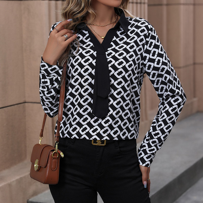 Independence Station Spring New Women's an long -sleeved printed women's lapel shirt