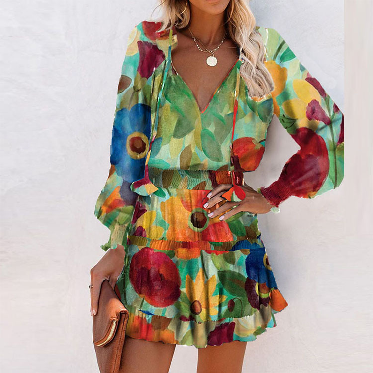 an women's summer new long -sleeved V -neck trend fashion minimalist printed slim dress 661