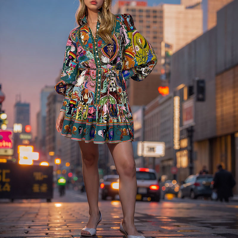 Women's summer an new printed round neck waist tie wrinkle ruffle retro dress