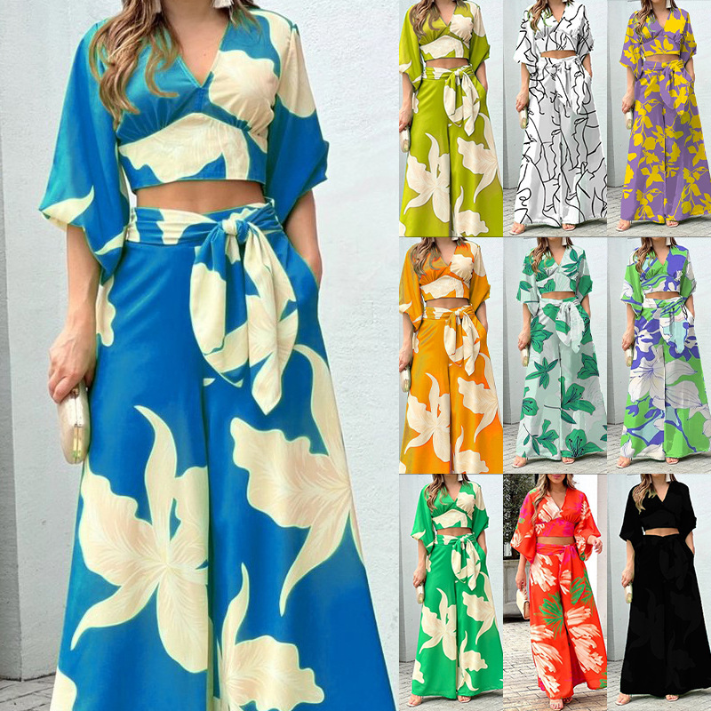 an women's summer new printed temperament commute high waist sexy fashion casual set