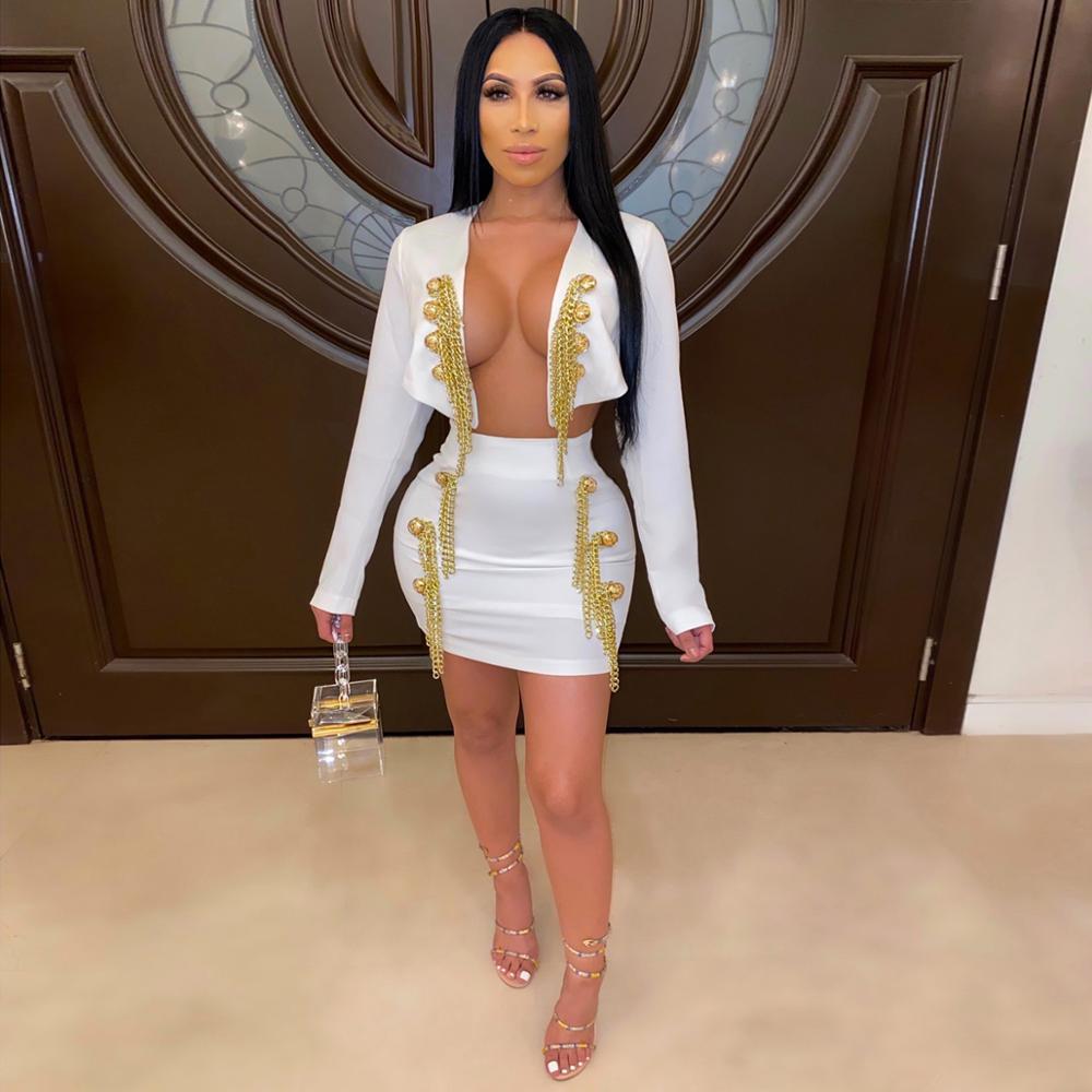 Small Selling Heat Selling Bling Skull Set Women's Fashion Golden button Chain Long Sleeve Top Skirt Two -piece Set