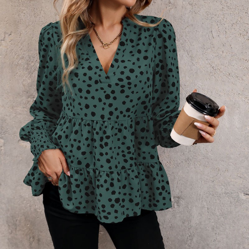 Independence Station V -neck top an women's long -sleeved leopard print shirt