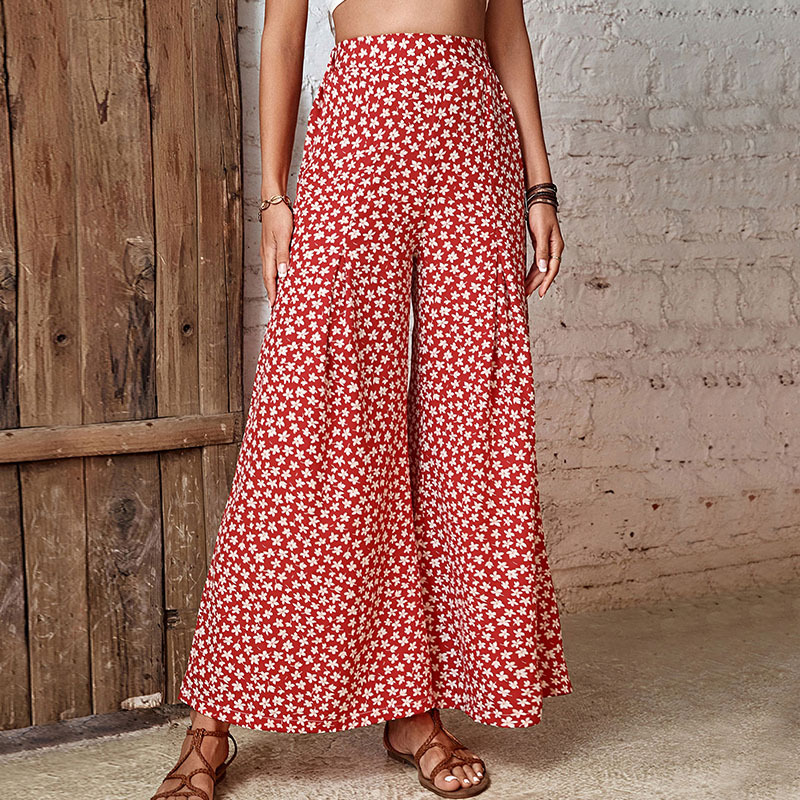 Independent Station Summer New Products an Fashion Pants Flower High -waisted wide -legged trousers female