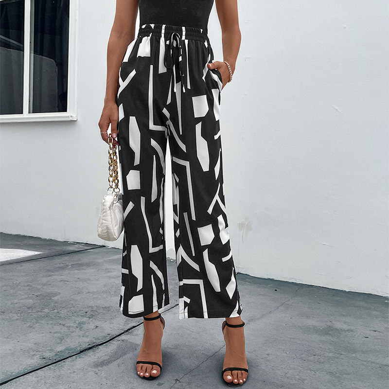 Autumn New Product Trumpet Trumpet an casual loose tight waist printed nine -point pants