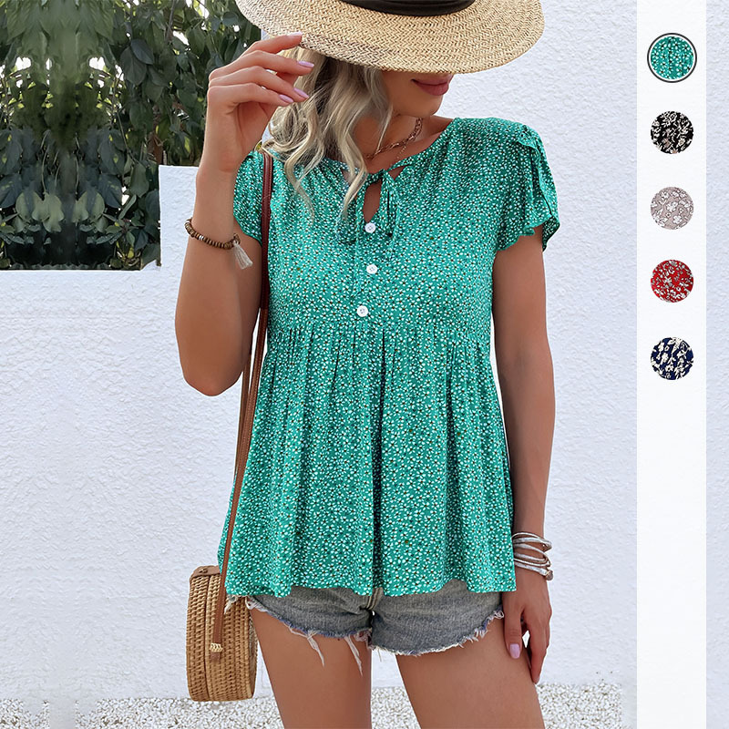 explosion new summer an women's casual printed short -sleeved doll shirt broken flower top