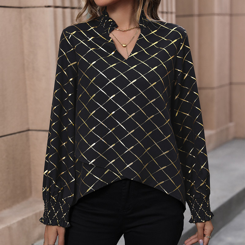 long sleeves irregular jacket an autumn women's new V -neck hot gold pullover shirt