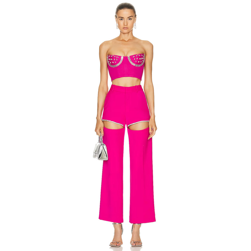 New product explosion rose rose bage set an high street fashion tube top top wide -leg pants set