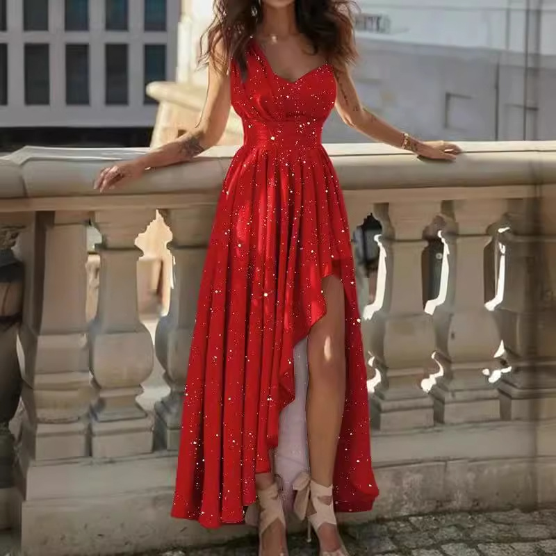 Summer new an women's solid color temperament oblique shoulder high waist, high waist, irregular hem dress