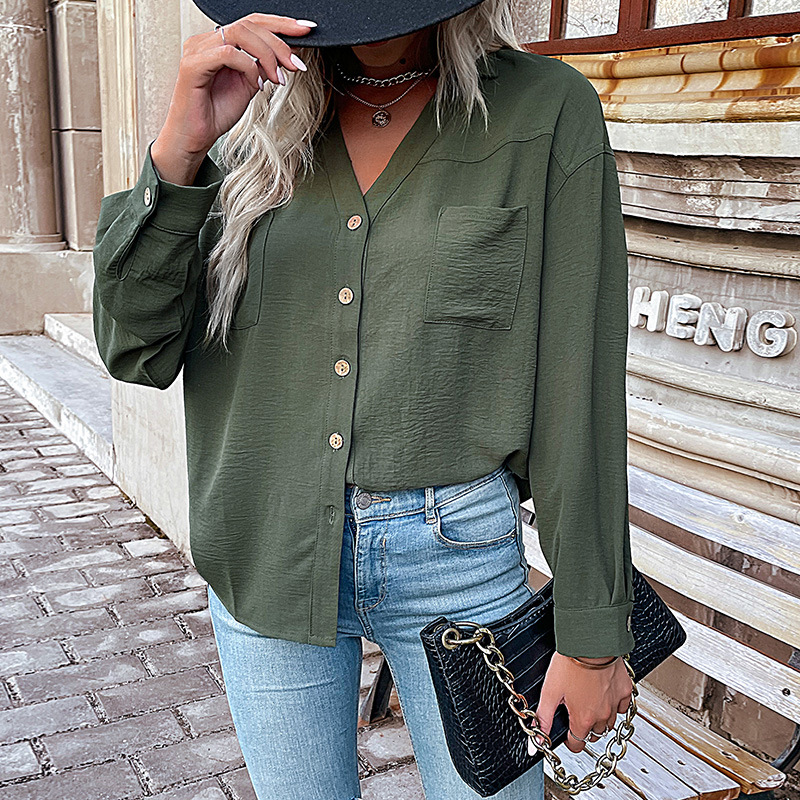 Autumn New an women's pure color lapel pockets casual simple shirt women