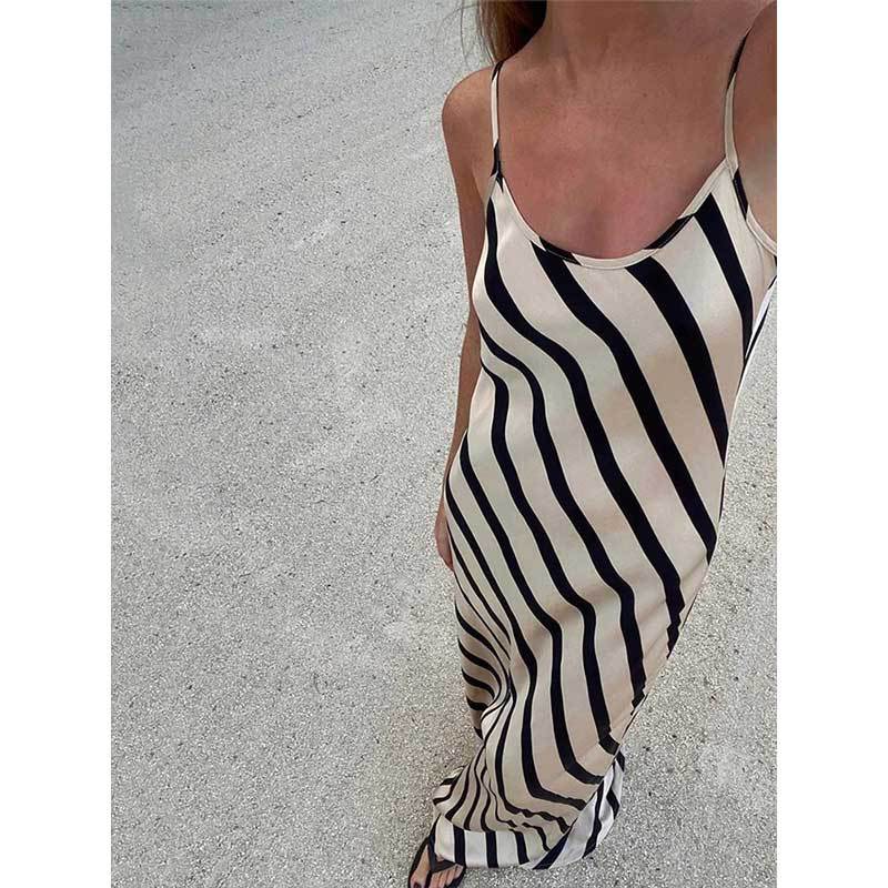 Independent station an women's summer new trendy casual temperament sleeveless stripes U -neck b cursor dress