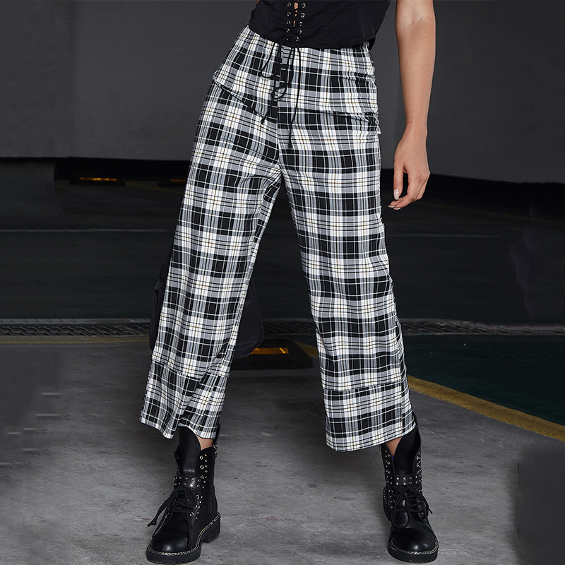 Pants new high -waisted lattice wide -leg pants black white plaid loose casual 7 points long pants