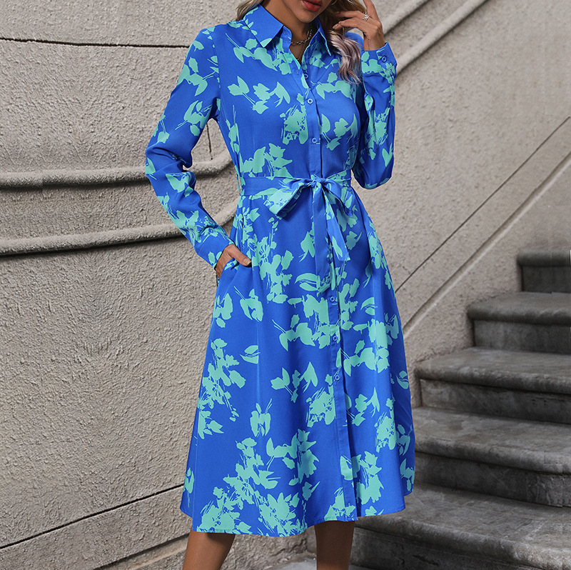 Independent station A -line skirt new an women's long -sleeved print lapel shirt dress