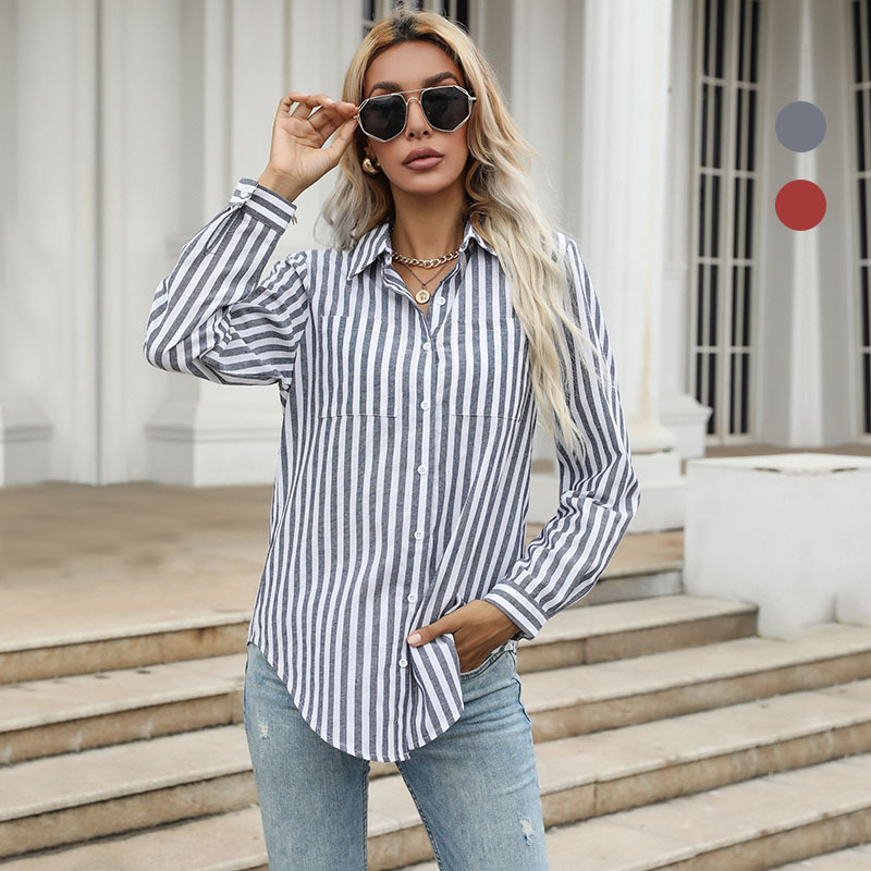Autumn new an button cardigan stripe striped shirt lapel shirt long -sleeved commuting shirt female